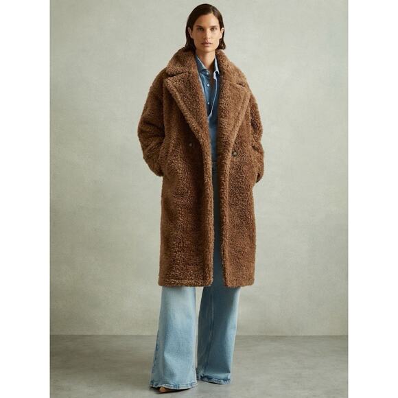 Reiss Brown Darla Teddy Coat Wool Blend Faux Fur Jacket Size L Oversized - Picture 1 of 11